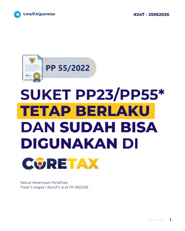 #SuketUMKM #PP20 #eBupot #Coretax247. Lawan transaksi (pembeli) saya meminta Suket PP 20, tetapi yang saya miliki hanya Suket PP 55. Apakah Suket tersebut masih berlaku (karena tertulis sudah berakhir 2024) dan tetap dapat digunakan sebagai dasar pemotongan PPh Final 0,5%?”1. STATUS BERLAKUNYA SUKET (Masa Transisi PP 20)📄 Tidak Perlu Cetak Ulang:  Status Suket PP 55, bagi WP OP/PT OP dan Koperasi yang TELAH diterbitkan sebelum PP 20 berlaku, DINYATAKAN tetap sah dan berlaku. Hal ini dijamin oleh ketentuan peralihan Pasal II angka 1 (huruf c & d) PP 20/2026, yakni sampai dengan:* Bagi OP dan PT OP: tidak lagi memenuhi ketentuan PP 20* Bagi Koperasi:  tidak lagi memenuhi ketentuan PP 55✅ Telah Direaktivasi Otomatis:  Bagi WP OP, PT Perorangan, dan Koperasi yang sebelumnya memiliki Suket PP 55 tersebut, belum pernah mengajukan pemberitahuan memilih dikenakan ketentuan umum PPh, dan masih memenuhi syarat PP 55/PP 20,  saat ini suket-nya TELAH DIAKTIFKAN KEMBALI di sistem Coretax.✅ Siap Digunakan:  WP PPh Final 0.5% tersebut di atas sudah bisa menginfokan ke lawan transaksi bahwa pemotongan PPh Final 0.5% sudah bisa diproses di sistem Coretax. Pemotong/pemungut sudah dapat pilih Fasilitas Pajak Penerima Penghasilan: 