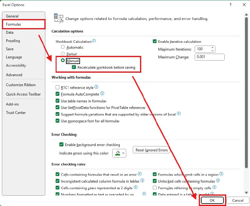 Tips Bila Kekasih 21 Lambat:Gunakan Mode Manual Calculation- Buka File → klik Options → klik tab Formulas → Pada Calculation Options → klik Manual.- Dengan ini, Excel tidak menghitung otomatis setiap kali ada perubahan/pengisian cell.- Saat mau jalanan formulanya:— tekan F9 untuk menghitung seluruh workbook, atau — rekan Shift+F9 untuk menghitung hanya sheet aktif.--t.me/FAQcoretax