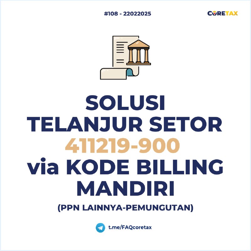 108. Saya terlanjur bayar PPN Lainnya-Pemungutan, KAP-KJS 411219-900 dengan buat kode billing secara mandiri, namun ternyata tidak terdeteksi di SPT. Ternyata berdasarkan PER-10/PJ/2024, pembayaran PPN Lainnya-Pemungutan tidak dilakukan secara mandiri, namun lewat SPT, apa solusinya?#Pembayaran Permasalahan:  - WP terlanjur membayar PPN Lainnya-Pemungutan (KAP-KJS 411219-900) dengan membuat kode billing secara mandiri.  - Berdasarkan PER-10/PJ/2024, pembayaran PPN Lainnya-Pemungutan seharusnya dilakukan melalui SPT, bukan secara mandiri.  - Konfigurasi 411219-900 telah dihapus dari menu pembuatan kode billing per 20 Februari 2025.  ✅ Solusi:  