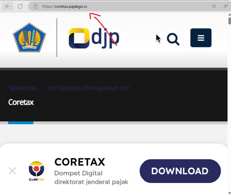Hati hati! Coretax PalsuDipastikan coretax.pajakgo.cc itu palsu. Akhirannya go.cc, red flag.Laman resmi yang asli:- coretaxdjp.pajak.go.id- pajak.go.idHati hati terhadap upaya pengambilan data.—@FAQcoretaxDiskusi di Group Konsulgab Coretax Jatim1