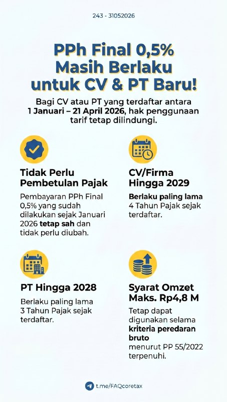 #PPhFinal #UMKM #PP20243.  Bagaimana perlakuan bagi CV atau PT yang baru terdaftar sejak 1 Januari 2026 sampai sebelum PP Nomor 20 Tahun 2026 berlaku dan sudah telanjur membayar PPh Final UMKM 0,5%? Apakah masih boleh melanjutkan penggunaan tarif tersebut❓✅ JAWABAN: MASIH BOLEH.