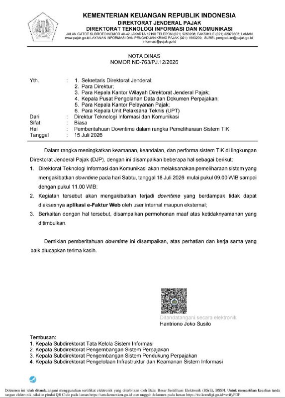 #downtime #efaktur. Direktorat Teknologi Informasi dan Komunikasi akan melaksanakan pemeliharaan sistem yang mengakibatkan downtime pada hari Sabtu, tanggal 18 Juli 2026 mulai pukul 09.00 WIB sampai dengan pukul 11.00 WIB; . Kegiatan tersebut akan mengakibatkan terjadi downtime yang berdampak tidak dapat diaksesnya aplikasi e-Faktur Web oleh user internal maupun eksternal; . Berkaitan dengan hal tersebut, disampaikan permohonan maaf atas ketidaknyamanan yang ditimbulkan.---t.me/FAQcoretax