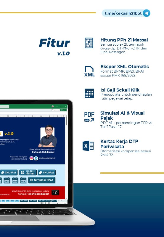 📢 AKHIRNYA RILIS | KeKaSih 21 v1.0 (Coretax)Rekan @FAQcoretax, ini adalah kontribusi kecil saya, Rahmatullah Barkat, untuk mempermudah kita semua menghadapi PPh 21 di era Coretax.Saya merancang KeKaSiH 21 (Kertas Kerja Simplifikasi Hitung PPh Pasal 21) agar perhitungan pajak jadi lebih praktis, mulai dari:✅ All-in-One: Hitung PPh 21 Pegawai Tetap, Tidak Tetap, & Lainnya.  ✅ Coretax Ready: Support TER, Tahunan A1, & XML Export (PMK-168).  ✅ Smart Simulation: Komparasi TER vs Tarif 17 & Simulasi Pemotongan Tahunan dan Kertas Kerja DTP PMK-72 (Insentif Pariwisata).  ✅ Gratis & Mudah: Gaptek friendly, sudah saya sediakan panduan bergambar.Kertas Kerja ini GRATIS, spesial untuk subscriber setia @FAQcoretax.📥 Ambil aplikasi-nya hanya di sini:  👉 t.me/kekasih21botSemoga karya sederhana ini bermanfaat dan memudahkan pekerjaan teman-teman semua. Saran, masukan dan pertanyaan silakan komen di post ini. Terima kasih.Salam hormat,  Rahmatullah Barkat- Penyuluh Pajak——t.me/FAQcoretax📢 AKHIRNYA RILIS | KeKaSih 21 v1.0 (Coretax)Rekan @FAQcoretax, ini adalah kontribusi kecil saya, Rahmatullah Barkat, untuk mempermudah kita semua menghadapi PPh 21 di era Coretax.Saya merancang KeKaSiH 21 (Kertas Kerja Simplifikasi Hitung PPh Pasal 21) agar perhitungan pajak jadi lebih praktis, mulai dari:✅ All-in-One: Hitung PPh 21 Pegawai Tetap, Tidak Tetap, & Lainnya.  ✅ Coretax Ready: Support TER, Tahunan A1, & XML Export (PMK-168).  ✅ Smart Simulation: Komparasi TER vs Tarif 17 & Simulasi Pemotongan Tahunan dan Kertas Kerja DTP PMK-72 (Insentif Pariwisata).  ✅ Gratis & Mudah: Gaptek friendly, sudah saya sediakan panduan bergambar.Kertas Kerja ini GRATIS, spesial untuk subscriber setia @FAQcoretax.📥 Ambil aplikasi-nya hanya di sini:  👉 t.me/kekasih21botSemoga karya sederhana ini bermanfaat dan memudahkan pekerjaan teman-teman semua. Saran, masukan dan pertanyaan silakan komen di post ini. Terima kasih.Salam hormat,  Rahmatullah Barkat- Penyuluh Pajak——t.me/FAQcoretax