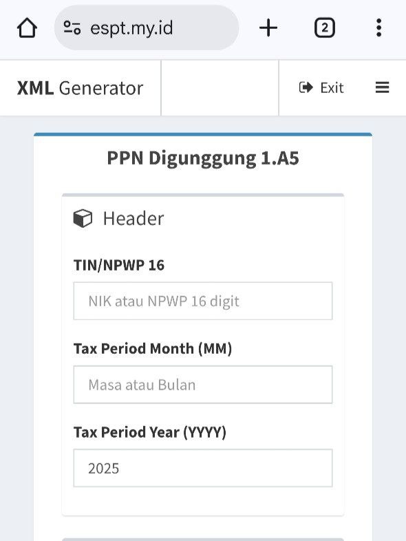 📢 PPN Digunggung XML Generator Bikin file XML PPN Digunggung tanpa ribet? Cobain tools web ini.🌐 Akses: espt.my.id✨ Bisa untuk:✅ WP yang kesulitan bikin XML PPN Digunggung (misal: pedagang emas, retail, dll)✅ Gak perlu bikin Excel terus ekspor XML tiap bulan✅ Solusi kalau Excel lagi error atau gak punya Excel sama sekali✅ Bisa diakses langsung dari HP, gak perlu laptop.Silakan dicoba! Semoga bermanfaat.Source: @aplikasipajak @coretax