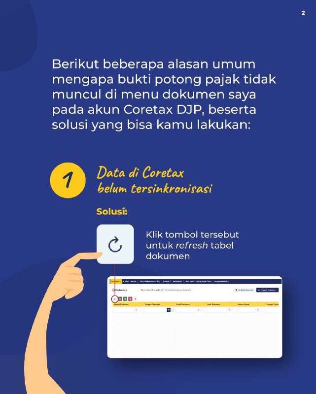 #KawanPajak Dengan Coretax, data yang dilaporkan perusahaan, langsung muncul di akunmu. Kalau nggak muncul, berarti ada beberapa hal yang bisa kamu lakukan. Cek sinkronisasi data dan NIK-mu. Konfirmasi juga ke pemberi kerja. Tapi ingat, kalau ternyata ada indikasi perusahaan potong gaji tapi tidak setor pajak, jangan takut untuk lapor! Untuk konfirmasi dan informasi lebih lanjut, silakan hubungi Kring Pajak 1500200, @kringpajak1500200, dan Helpdesk Kantor Pajak terdekat.Source IG ditjenpajakri--t.me/FAQcoretax#KawanPajak Dengan Coretax, data yang dilaporkan perusahaan, langsung muncul di akunmu. Kalau nggak muncul, berarti ada beberapa hal yang bisa kamu lakukan. Cek sinkronisasi data dan NIK-mu. Konfirmasi juga ke pemberi kerja. Tapi ingat, kalau ternyata ada indikasi perusahaan potong gaji tapi tidak setor pajak, jangan takut untuk lapor! Untuk konfirmasi dan informasi lebih lanjut, silakan hubungi Kring Pajak 1500200, @kringpajak1500200, dan Helpdesk Kantor Pajak terdekat.Source IG ditjenpajakri--t.me/FAQcoretax