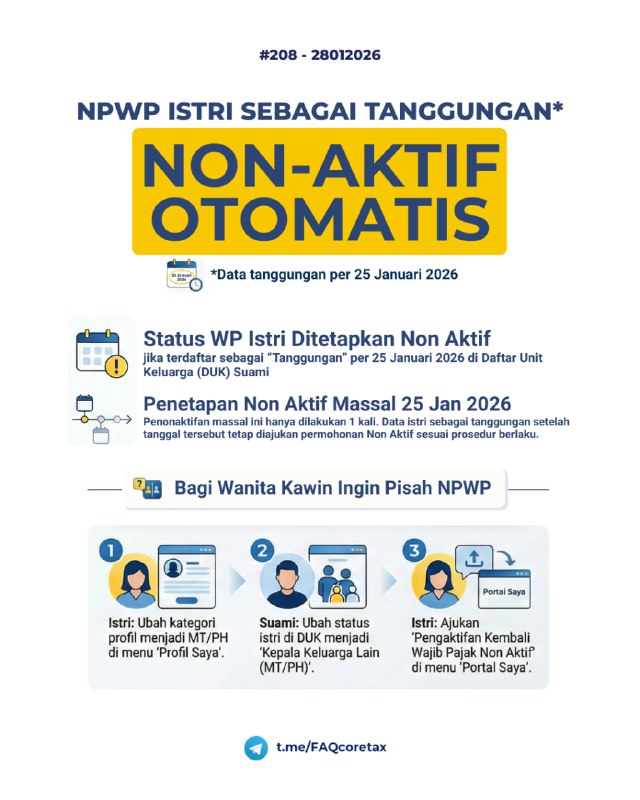 #Registrasi #WanitaKawin208. Saya Wajib Pajak wanita kawin dan NPWP saya tiba-tiba berstatus Non Aktif di Coretax karena tercatat sebagai tanggungan di DUK suami. Apa penyebabnya? bagaimana cara mengaktifkan kembali NPWP jika saya memilih status MT/PH (pajak terpisah)?Sebagai bentuk kemudahan administrasi, sistem Coretax telah melakukan penyesuaian status perpajakan bagi Wajib Pajak Wanita Kawin.🔔 Penetapan Status Non Aktif Otomatis