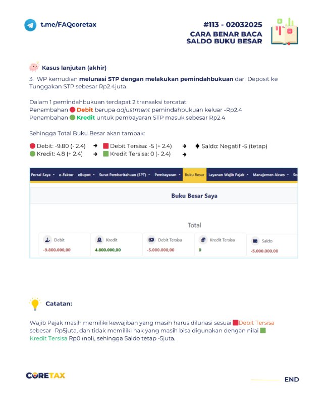 113.d. Kasus Penggunaan Deposit dan Tampilan pada Buku Besar#Pembayaran🧠 Contoh Kasus (Akhir)3.  WP kemudian melunasi STP dengan melakukan pemindahbukuan dari Deposit ke Tunggakan STP sebesar Rp2.4juta