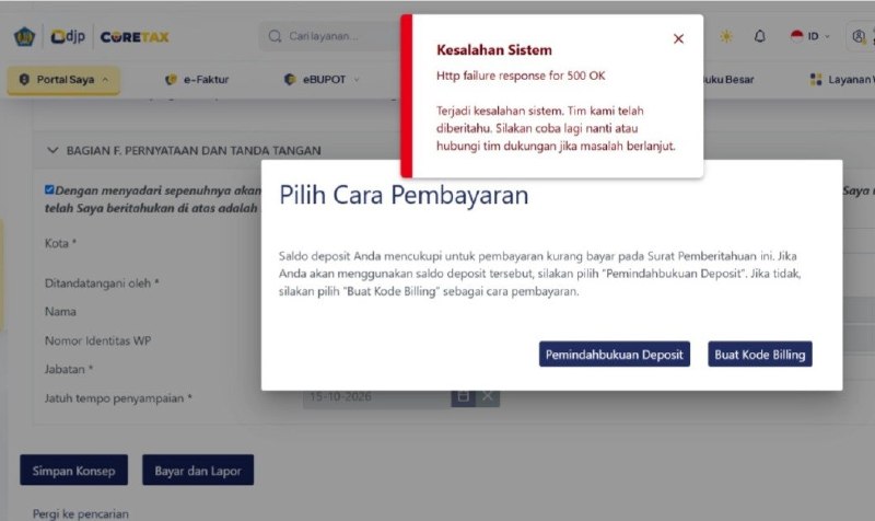 #InfoPenangananKendalaBeberapa pelaporan SPT Masa (PPh Unifikasi, SPT Bea Materai, dll) mengalami kendala dengan notifikasi Http failure response for 500 OKHal ini sudah dilaporkan dan sedang dalam penanganan tim pengembang.Akan kami sampaikan segera setelah mendapatkan kabar updatenya..---t.me/FAQcoretax