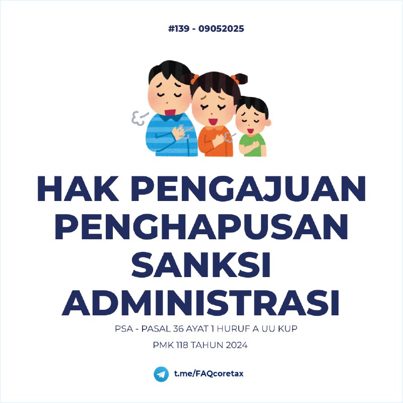 139. Saya terlambat lapor/bayar karena bukan kesalahan saya, sudah meminta tiket/bantuan helpdesk namun belum ada jawaban/solusi, apakah saya bisa ajukan penghapusan sanksi yang nantinya terbit?Ya, Wajib Pajak memiliki hak pengajuan penghapusan sanksi!Selengkapnya bisa baca di siniTutorial pengajuan PSA insya Allah update di FAQ berikutnyaLast update 09/05/2025--t.me/FAQcoretaxDiskusi konsulgabjatim1