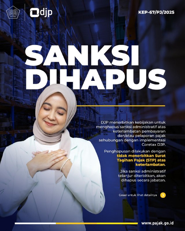 IG @ditjenpajakri:Hai #KawanPajak tersedia penghapusan sanksi administratif atas keterlambatan pembayaran dan/atau pelaporan pajak sehubungan dengan implementasi Coretax DJP.Simak infografis berikut ini untuk informasi lebih lanjut. Konten KPP Rungkut dalam satu laman klik 