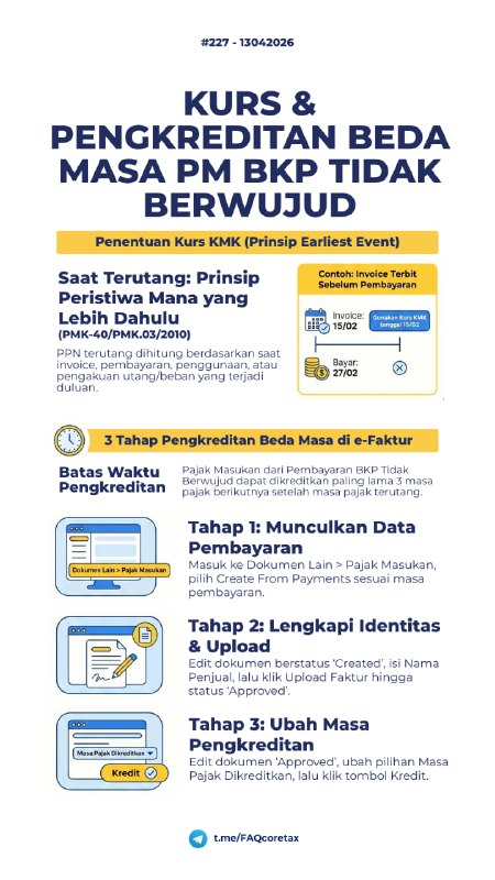#eFaktur #PajakMasukan227. Saya ada pembelian/pemanfaatan BKP tidak berwujud dari Singapura (Luar Daerah Pabean). Tanggal Invoice 15/2/26 dan Pembayarannya tanggal 27/02/2026. Pertanyaannya:a. Apakah Kurs KMK yang digunakan adalah saat tanggal invoice atau tanggal pembayaran?b. Apakan Pengkreditan Pajak Masukan atas BKP Tidak Berwujud saya laporkan masa Maret 2026?A. KURS KMK TANGGAL BERAPA YANG DIGUNAKAN?Jawaban: Kurs KMK pada Tanggal Invoice (15/02/2026).