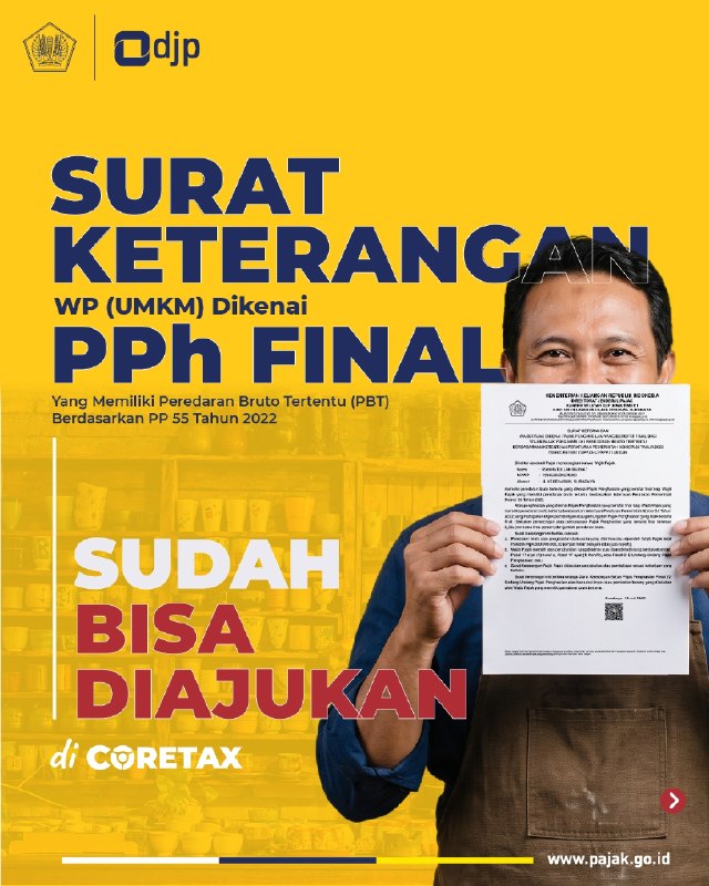#SuketUMKM #Coretax #PPhFinal250. PENGAJUAN SUKET UMKM KINI BISA VIA CORETAXUnduh versi PDF disiniSekarang pengajuan Surat Keterangan (Suket) PPh Final UMKM makin mudah dan praktis. Anda sudah bisa mengajukannya secara online melalui portal Coretax (coretaxdjp.pajak.go.id).💡 APA FUNGSI PENTING SUKET INI?- Bukti Potong 0,5%: Diserahkan ke lawan transaksi sebagai dasar agar penghasilan Anda hanya dipotong PPh Final 0,5%.- Berfungsi sebagai SKB: Berlaku juga sebagai Surat Keterangan Bebas (SKB) pemungutan PPh Pasal 22 atas transaksi impor atau pembelian barang.⚠️ SUDAH PUNYA SUKET LAMA (PP 55/2022)?Bagi Kawan Pajak yang sebelumnya sudah memiliki Suket PP 55/2022 dan masih memenuhi kriteria, Suket Anda dinyatakan MASIH BERLAKU (berdasarkan ketentuan peralihan PP 20/2026). 👉 Artinya: Anda TIDAK PERLU repot melakukan pengajuan ulang.Yuk, simak informasi panduan teknis selengkapnya pada infografis ini.--t.me/FAQcoretax#SuketUMKM #Coretax #PPhFinal250. PENGAJUAN SUKET UMKM KINI BISA VIA CORETAXUnduh versi PDF disiniSekarang pengajuan Surat Keterangan (Suket) PPh Final UMKM makin mudah dan praktis. Anda sudah bisa mengajukannya secara online melalui portal Coretax (coretaxdjp.pajak.go.id).💡 APA FUNGSI PENTING SUKET INI?- Bukti Potong 0,5%: Diserahkan ke lawan transaksi sebagai dasar agar penghasilan Anda hanya dipotong PPh Final 0,5%.- Berfungsi sebagai SKB: Berlaku juga sebagai Surat Keterangan Bebas (SKB) pemungutan PPh Pasal 22 atas transaksi impor atau pembelian barang.⚠️ SUDAH PUNYA SUKET LAMA (PP 55/2022)?Bagi Kawan Pajak yang sebelumnya sudah memiliki Suket PP 55/2022 dan masih memenuhi kriteria, Suket Anda dinyatakan MASIH BERLAKU (berdasarkan ketentuan peralihan PP 20/2026). 👉 Artinya: Anda TIDAK PERLU repot melakukan pengajuan ulang.Yuk, simak informasi panduan teknis selengkapnya pada infografis ini.--t.me/FAQcoretax