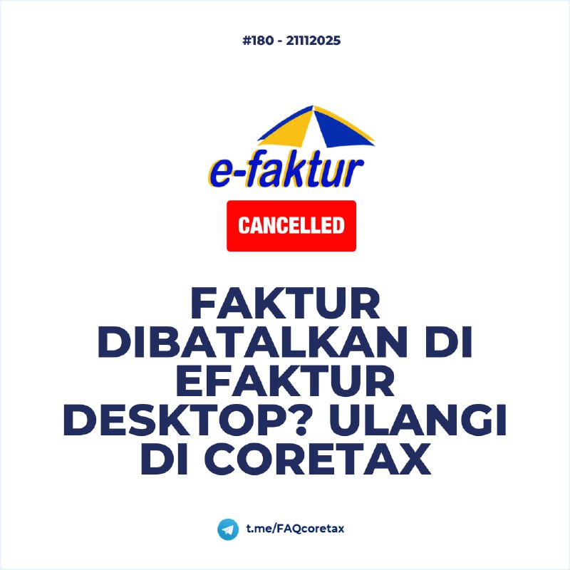 #eFaktur180. Faktur Batal di e-Faktur Desktop tapi Masih Aktif di Coretax?Bagaimana solusinya jika lawan transaksi sudah membatalkan Faktur Pajak di e-Faktur Desktop dan FP Batal sudah dikirim ke Anda,  namun di Coretax statusnya masih aktif?Sejak 8 November 2025, faktur yang diganti atau dibatalkan di e-Faktur Desktop  kini tidak lagi dimigrasi statusnya ke Coretax.  Artinya, meskipun pembatalan sudah approval di e-Faktur Desktop,  statusnya tetap approved di Coretax.✅ Solusi:Minta lawan transaksi Anda untuk melakukan pembatalan atau penggantian Faktur Pajak langsung di Coretax.---t.me/FAQcoretax