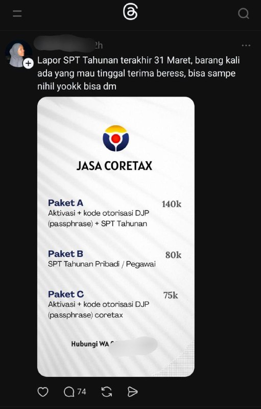 REMINDERPerlu dipahami, pengawas dan penyuluh di kantor pajak itu sangat paham pola-pola pelaporan SPT yang “dipaksa” jadi nihil. Dan pola seperti itu sangat mudah diolah menjadi data pemicu? atau daftar sasaran pengawasan karena jelas merupakan red flag.Lalu solusinya apa?Kalau memang kurang bayar, ya harus dibayar.Bukan karena saya, petugas, atau penyuluh pajak yang bilang demikian, tetapi karena undang-undang yang mengaturnya. That’s the hard truth.Pajak adalah kontribusi wajib berdasarkan undang-undang, tanpa imbal balik langsung. Itu adalah harga yang dibayar untuk sebuah peradaban.Kami pun menjalankan undang-undang. Kami pun, kalau memang kurang bayar, ya dibayar. Bahkan Pak Purbaya juga sudah menegaskan hal itu.Kalau bingung harus bagaimana, datang saja ke KPP TERDEKAT.Sudah banyak ulasan positif di media sosial dari Kawan Pajak yang merasa lega dan berterima kasih karena dibantu oleh KPP. Dan perlu dipahami juga, pendampingan dari KPP itu tidak selalu berujung kurang bayar. Ada juga kasus yang awalnya dikira kurang bayar, setelah dibantu justru hasilnya nihil. Jadi semua dilihat berdasarkan data dan ketentuan. Yang jelas, semua layanan ini GRATIS. Jangan takut. Jangan sungkan.Selain itu, di media sosial juga mulai banyak muncul unpopular opinion bahwa lapor di Coretax itu justru lebih enak. DJP juga sudah menyediakan berbagai media edukasi, tutorial, panduan, dan paparan yang dikumpulkan dalam satu tempat di pajak.go.id/lapor-tahunan. Coba dulu. Kalau bingung, seek help.Kalau saat ini sedang masa libur, tenang. KPP akan buka lagi tanggal 25 Maret. Bahkan pada akhir Maret, hari Sabtu dan Minggu pun ada KPP yang tetap buka untuk membantu layanan. Beberapa KPP juga berinisiatif tetap buka hari ini dan besok. Silakan cek Instagram KPP masing-masing. Biasanya akun resminya diawali dengan @pajak...Intinya: jangan terjebak menggunakan jasa “calo” seperti ini.Kenapa?1. Data pribadi Anda tidak aman.Data sensitif seperti nama ibu kandung dan informasi penting lainnya bisa bocor atau disalahgunakan. Kecanggihan Coretax pada sisi layanan online justru membuat kita harus menjaga kerahasiaan data dengan ekstra hati-hati. Tidak mau, kan, tiba-tiba deposito hilang, rekening berubah, atau ada persetujuan dan tindakan hukum tertentu yang mengatasnamakan kita?2. Jika SPT dipaksa nihil dengan cara yang tidak benar, risikonya serius.Bisa disurati, bahkan didatangi oleh pengawasan. Ini bukan menakut-nakuti, tetapi memang fakta seperti itu. Di kantor pajak, selain fungsi penyuluhan, ada juga fungsi pengawasan, pemeriksaan, bahkan penyidikan atas tindak pidana yang merugikan negara. Salah satunya adalah apabila SPT diisi dengan sengaja secara tidak benar untuk menghindari pajak yang seharusnya dibayar. (Pasal 39 KUP)Akhirnya, kalau tetap memaksakan, masalah yang seharusnya bisa selesai justru menjadi lebih besar. Kewajiban terlambat dibayar, muncul sanksi, denda, dan urusan jadi makin panjang.Kalau tidak punya kesempatan datang ke KPP, bergabunglah ke komunitas pajak. Bisa grup yang dibentuk KPP, atau kanal diskusi di WhatsApp maupun Telegram, misalnya t.me/konsulgabjatim1 atau bisa ke channel atau threads. Sudah ada tuh penyuluh menawarkan diri membantu di luar jam kantor. Intinya. Banyak orang baik yang mau berbagi, sesama Wajib Pajak. Diskusinya bahkan bisa berjalan hampir 24 jam.Kalau memang tidak mau repot, gunakan konsultan pajak resmi. Ingat. Yang Resmi! Daftarnya bisa dicek di:sikop.kemenkeu.go.id/front/carikonsultan Dan jangan lupa, tetap belajar, ditelateni. Karena selamanya kita tidak bisa bergantung kepada orang lain. Toh, pajak itu berulang. Prinsipnya tidak berubah. Sekali paham, insya Allah berguna terus.Akhir kata, pajak memang kadang terkesan menakutkan. Tapi percayalah, di balik itu ada banyak komunitas dan petugas yang ramah serta siap membantu. Coba saja tanya kepada mereka yang sudah lama terdaftar sebagai Wajib Pajak. Perubahan layanan itu nyata, dan terus bergerak ke arah yang lebih baik.- Rahmatullah Barkatt.me/FAQcoretax