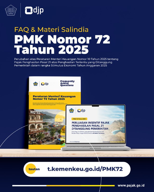 📢 TELAH RILIS: FAQ & SALINDIAPPh 21 Ditanggung Pemerintah Sektor PariwisataDJP telah menerbitkan bahan edukasi (Paparan & FAQ) mengenai PMK 72 Tahun 2025, terkait perluasan insentif PPh Pasal 21 Ditanggung Pemerintah (DTP) untuk sektor pariwisata.---📘 FAQ memuat hal-hal berikut:1️⃣ Batasan Penghasilan (Rp 10 Juta) dan komponennya  2️⃣ Status Service Charge, gaji fluktuatif, dan bonus  3️⃣ Mekanisme Pelaporan pemanfaatan  4️⃣ Sektor usaha (Pariwisata) & KLU  5️⃣ Kasus khusus (pajak ditanggung perusahaan, NPWP)🧾 Salindia memuat:1️⃣ Latar belakang & pokok kebijakan  2️⃣ Kriteria penerima insentif  3️⃣ Mekanisme pemberian insentif PPh 21 DTP  4️⃣ Kewajiban pemberi kerja  5️⃣ Mekanisme teknis penerapan insentif PPh 21 DTP sektor pariwisata  6️⃣ Daftar KLU yang berhak memanfaatkan fasilitas📥 Silakan unduh di:  🌐 pajak.go.idatau melalui tautan:  🔗 t.kemenkeu.go.id/PMK72✳️ Bagikan informasi ini, biar rekan-rekan sektor pariwisata bisa merasakan manfaatnya—t.me/FAQcoretax
