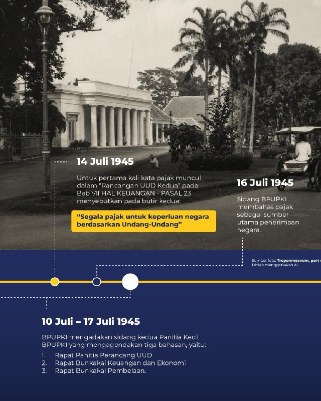 Tahukah #KawanPajak bagaimana kata “pajak” pertama kali lahir dalam sejarah konstitusi kita? 🇮🇩✨Ternyata, perjalanan panjang ini bermula saat masa reses sidang BPUPKI (2 Juni - 9 Juli 1945), ketika Ketua BPUPKI Radjiman Wedyodiningrat mengusulkan gagasan penting bahwa Pemungutan pajak harus diatur hukum.Sejak momen bersejarah di Gedung Pancasila itulah, pajak resmi disepakati oleh para pendiri bangsa sebagai tulang punggung utama penerimaan negara. Hari ini, 14 Juli 2026, mari kita rawat bersama komitmen sejarah ini untuk membangun fondasi bangsa yang mandiri dan berdaulat. Selamat Hari Pajak 2026!Pajak Tumbuh, Indonesia Tangguh!Tahukah #KawanPajak bagaimana kata “pajak” pertama kali lahir dalam sejarah konstitusi kita? 🇮🇩✨Ternyata, perjalanan panjang ini bermula saat masa reses sidang BPUPKI (2 Juni - 9 Juli 1945), ketika Ketua BPUPKI Radjiman Wedyodiningrat mengusulkan gagasan penting bahwa Pemungutan pajak harus diatur hukum.Sejak momen bersejarah di Gedung Pancasila itulah, pajak resmi disepakati oleh para pendiri bangsa sebagai tulang punggung utama penerimaan negara. Hari ini, 14 Juli 2026, mari kita rawat bersama komitmen sejarah ini untuk membangun fondasi bangsa yang mandiri dan berdaulat. Selamat Hari Pajak 2026!Pajak Tumbuh, Indonesia Tangguh!