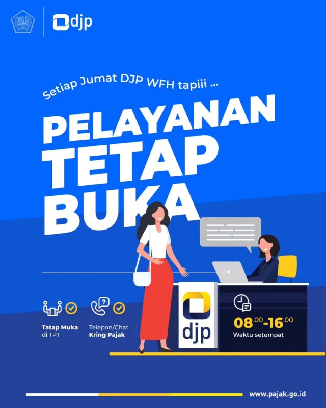 Jumat tenang, layanan tetap jalan! ✨ Meski bekerja dari rumah, semangat melayani tetap kami jaga. Kantor Pajak tetap buka dan siap memastikan seluruh layanan perpajakan berjalan lancar dan pasti #KamiDampingiSampaiBerhasil