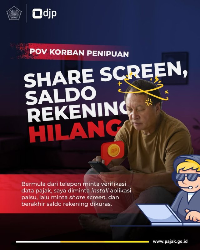 Penipu menyamar jadi petugas DJP, menyebutkan datamu dengan benar, lalu meminta share screen untuk bantuan Coretax.Begitu kamu share screen, saldo rekeningmu dalam bahaya! DJP tidak pernah meminta akses layar atau meminta kamu meng-install aplikasi sembarangan. Jika ada yang meminta hal tersebut, HAMPIR PASTI ITU PENIPUAN.Sebarkan informasi ini ke keluarga dan teman terdekat agar tidak ada lagi korban jatuh! 🤜🤛Penipu menyamar jadi petugas DJP, menyebutkan datamu dengan benar, lalu meminta share screen untuk bantuan Coretax.Begitu kamu share screen, saldo rekeningmu dalam bahaya! DJP tidak pernah meminta akses layar atau meminta kamu meng-install aplikasi sembarangan. Jika ada yang meminta hal tersebut, HAMPIR PASTI ITU PENIPUAN.Sebarkan informasi ini ke keluarga dan teman terdekat agar tidak ada lagi korban jatuh! 🤜🤛