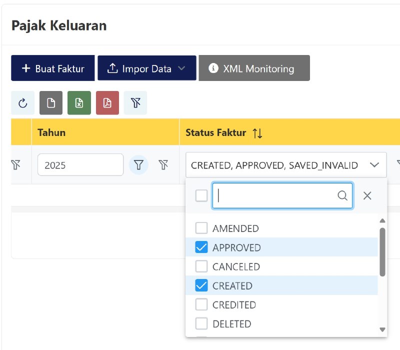 #infoupdate30-Oct-2025Terdapat filtering pada kolom Status Faktur, yang menyebabkan faktur yang muncul di list/grid Daftar Faktur Pajak terbatas sesuai filter.Default filter terdiri dari faktur pajak dengan status:CreatedApprovedSaved_InvalidApabila dibutuhkan melihat faktur pajak berstatus amended atau waiting for amandement dan selainnya, silakan dilakukan penyesuaian filter pada kolom Status Faktur-nya.--t.me/FAQcoretax