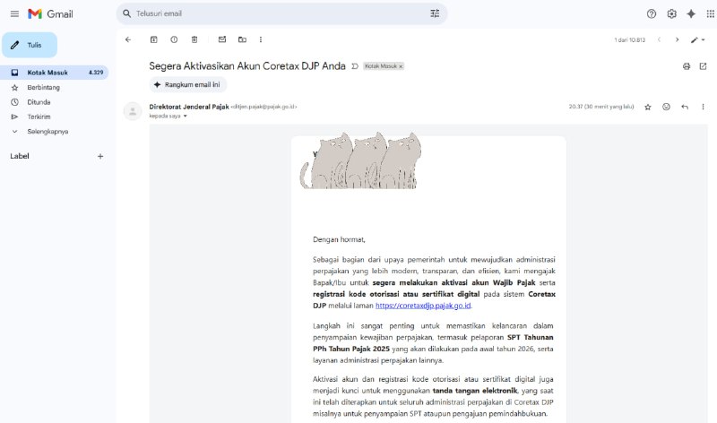 Coba cek emailnya. Sudah dapat email dari ditjen.pajak@pajak.go.id?Ajakan ini adalah untuk Segera Aktivasikan Akun Coretax DJP dan buat KO DJP. Resmi dari DJP.Mengingat tahun pajak 2025, SPT Tahunan PPh Orang Pribadi maupun badan harus dilaporkan melalui Coretax.Biar lebih nyaman, aktivasi dan buat KO DJP-nya sesegera mungkin. Jangan mepet-mepet.Berikut Tutorial Youtube:- Panduan Aktivasi Akun Coretax DJP - Panduan Memperoleh Kode Otorisasi DJPAjak teman, keluarga, rekan kerjanya.Kalau ada kendala/pertanyaan, komen di sini.. Terima kasih—t.me/FAQcoretax