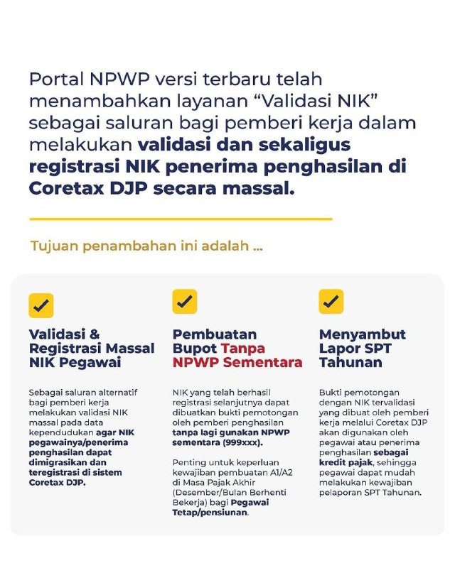 📢 Layanan Baru: Validasi & Registrasi Massal NIK Kini Resmi TersediaKabar baik untuk seluruh Pemberi Kerja Badan dan Instansi Pemerintah!Mulai hari ini, layanan Validasi & Registrasi Massal NIK Pegawai telah resmi dirilis melalui Portal NPWP versi 2.1 di laman:👉 