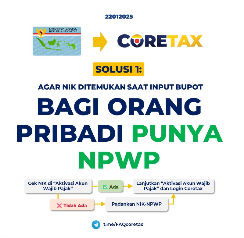 50.a.🔹🔹 Jika Orang Pribadi Sudah Punya NPWP Tapi Tidak Terdeteksi di CoretaxAda 2 kemungkinan:  1️⃣ NIK Belum Padan dengan NPWP  2️⃣ Belum Punya Akun CoretaxCara agar NIK nya terdeteksi di Database Coretax: