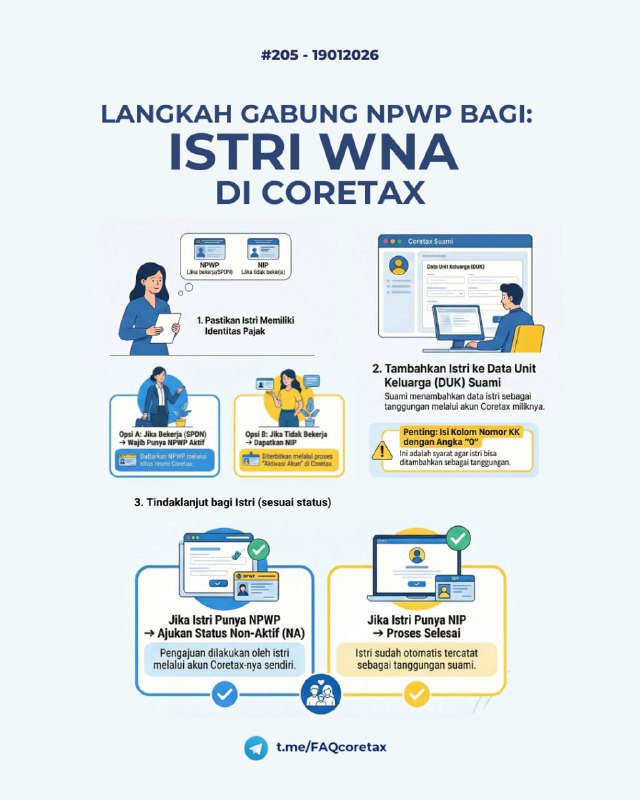 #Registrasi #DUK #WNA205. Saya WNA (istri) ingin menggabungkan NPWP dengan Suami yang terdaftar sebagai Wajib Pajak (SPDN) di Indonesia. Apa saja syarat dan langkah yang harus dilakukan agar bisa dimasukkan sebagai tanggungan di Data Unit Keluarga suami di Coretax?