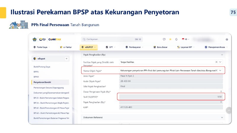#UpdateCoretax #PMK37 #PajakMarketplace #BPSP257. 📢 UPDATE CORETAX: NAMA OBJEK dan KODE OBJEK KHUSUS KEKURANGAN PENYETORAN PPh FINAL VIA MARKETPLACE (PIHAK LAIN) (PMK 37/2025)📌 Ketentuan Penyetoran Sendiri (Selisih Tarif)Berdasarkan PMK 37 Tahun 2025, pedagang wajib melakukan penyetoran sendiri apabila barang atau jasa yang dijual melalui Marketplace (Pihak Lain) merupakan objek PPh Final dengan tarif yang lebih besar dibandingkan tarif pemungutan otomatis oleh Marketplace (0,5%).🏢 Contoh Transaksi:Pedagang menyewakan properti (tanah/bangunan) melalui Marketplace.• Pemungutan otomatis oleh Marketplace: 0,5%• Tarif PPh Final Persewaan Tanah/Bangunan yang sebenarnya: 10%• ❗️ Kewajiban Pedagang: Menyetor sendiri selisih kekurangannya sebesar 9,5%.⚙️ Mekanisme Pelaporan di Coretax:1. Pedagang melakukan penyetoran kekurangan bayar dengan membuat Bukti Pemotongan Self Payment (BPSP).2. BPSP tersebut kemudian dibayar dan dilaporkan ke dalam SPT Masa Unifikasi. Kode Bililng terbentu saat proses lapor tersebut.3. ✅ Pembaruan Sistem: Coretax saat ini telah diperbarui untuk mengakomodir proses tersebut. Sistem telah menyediakan Nama Objek Pajak dan Kode Objek spesifik dengan keterangan dimulai kalimat 