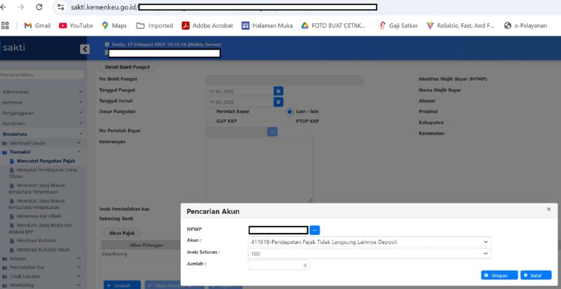 Akun Deposit Pajak 411618-100 di SAKTI