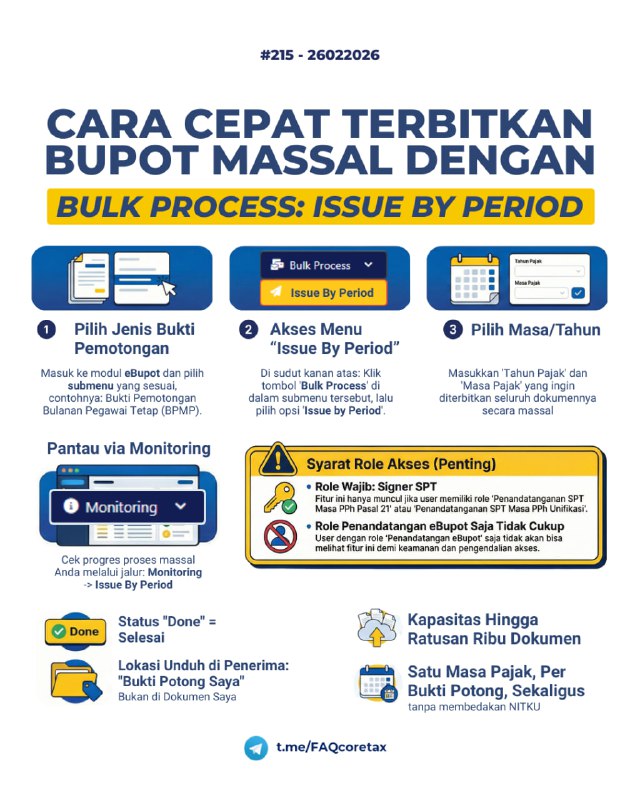 #eBupot 215. Sudah import XML konsep Bukti Potong PPh. Bagaimana menerbitkan / menandatangani / approval sekaligus tanpa batas 50 per halaman?Gunakan fitur “Issue by Period” pada menu Bulk Process.📍 Cara Menggunakan