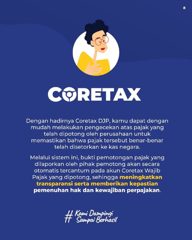 #KawanPajak Dengan Coretax, data yang dilaporkan perusahaan, langsung muncul di akunmu. Kalau nggak muncul, berarti ada beberapa hal yang bisa kamu lakukan. Cek sinkronisasi data dan NIK-mu. Konfirmasi juga ke pemberi kerja. Tapi ingat, kalau ternyata ada indikasi perusahaan potong gaji tapi tidak setor pajak, jangan takut untuk lapor! Untuk konfirmasi dan informasi lebih lanjut, silakan hubungi Kring Pajak 1500200, @kringpajak1500200, dan Helpdesk Kantor Pajak terdekat.Source IG ditjenpajakri--t.me/FAQcoretax#KawanPajak Dengan Coretax, data yang dilaporkan perusahaan, langsung muncul di akunmu. Kalau nggak muncul, berarti ada beberapa hal yang bisa kamu lakukan. Cek sinkronisasi data dan NIK-mu. Konfirmasi juga ke pemberi kerja. Tapi ingat, kalau ternyata ada indikasi perusahaan potong gaji tapi tidak setor pajak, jangan takut untuk lapor! Untuk konfirmasi dan informasi lebih lanjut, silakan hubungi Kring Pajak 1500200, @kringpajak1500200, dan Helpdesk Kantor Pajak terdekat.Source IG ditjenpajakri--t.me/FAQcoretax