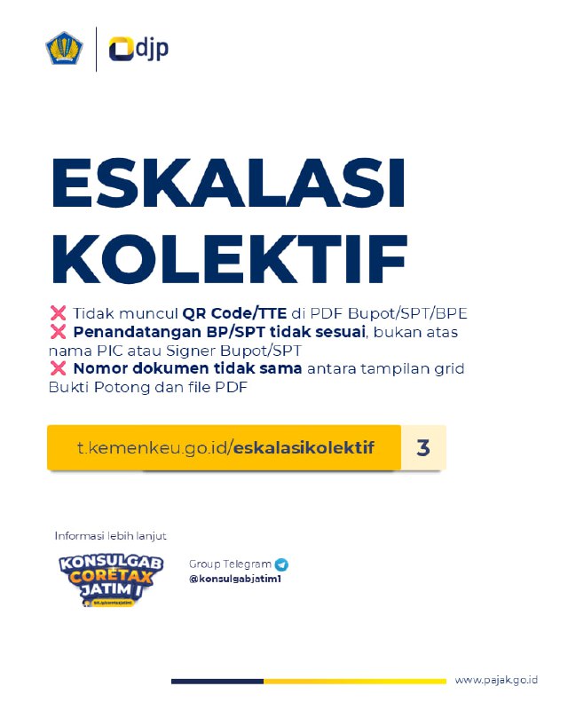 #InfoPenangananKendalaAtas kendala nama penandatangan di pada konsep SPT Masa PPh 21 yang mencantumkan nama Badan, bukan PIC/Signer SPT, saat ini sedang proses penanganan pengembang.Untuk SPT yang telah terlaporkan dan nama penandatangan PDF atas nama badan, silakan untuk dapat manfaatkan eskalasi kolektif nomor 3👉 t.kemenkeu.go.id/eskalasikolektifSilakan segera dimanfaatkan karena eskalasi dapat ditutup sewaktu-waktu.Terima kasih 👍—t.me/FAQcoretax