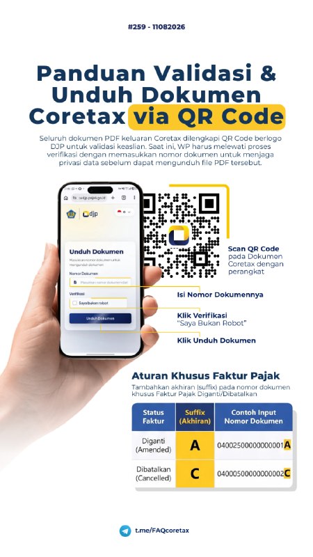 #UpdateCoretax #ValidasiQRCode #FakturPajak259. 📢 UPDATE CORETAX: VERIFIKASI DAN UNDUH DOKUMEN VIA EKSTERNAL LINK QR CODE PADA DOKUMEN KELUARAN CORETAXUntuk validasi keaslian maupun mengunduh PDF dari Coretax, WP dapat melakukan scan QR Code berlogo DJP. Saat proses validasi dan unduh dokumen ini, WP akan diarahkan ke halaman khusus untuk menginput nomor dokumen atas PDF yang QR codenya discan, lalu klik altcha 