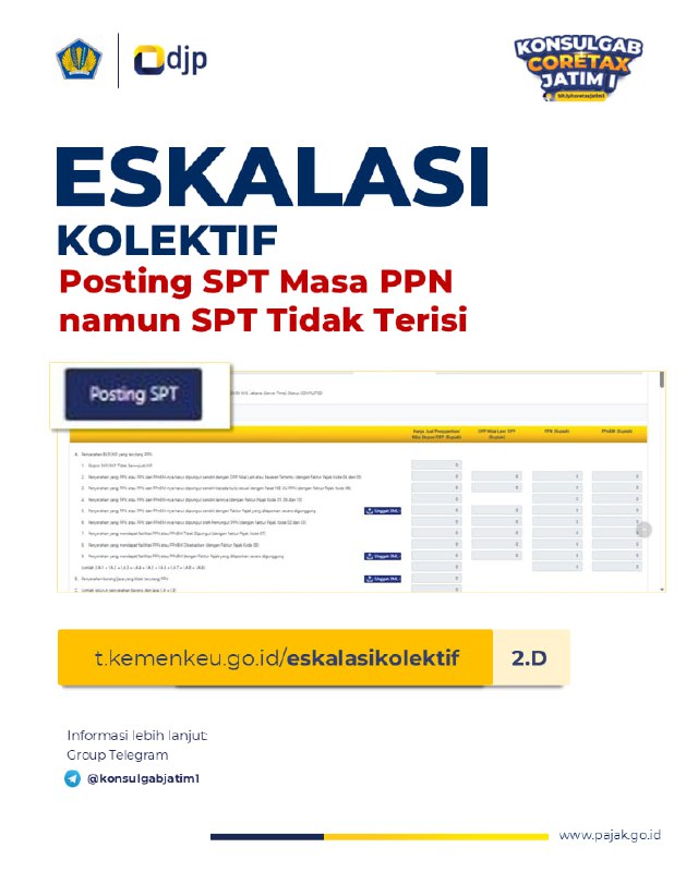 #EskalasiKolektif ❗️ Eskalasi Kolektif Posting SPT Masa PPN tapi SPT Tidak TerisiKawan Pajak, jika sudah klik Posting SPT pada SPT Masa PPN di Coretax, tapi data SPT tidak terisi atau kosong, segera laporkan melalui link berikut:🔗 t.kemenkeu.go.id/eskalasikolektif (pilih opsi 2.D)🟦 Untuk info lebih penanganannya akan dipost ke t.me/FAQcoretax—t.me/FAQcoretax