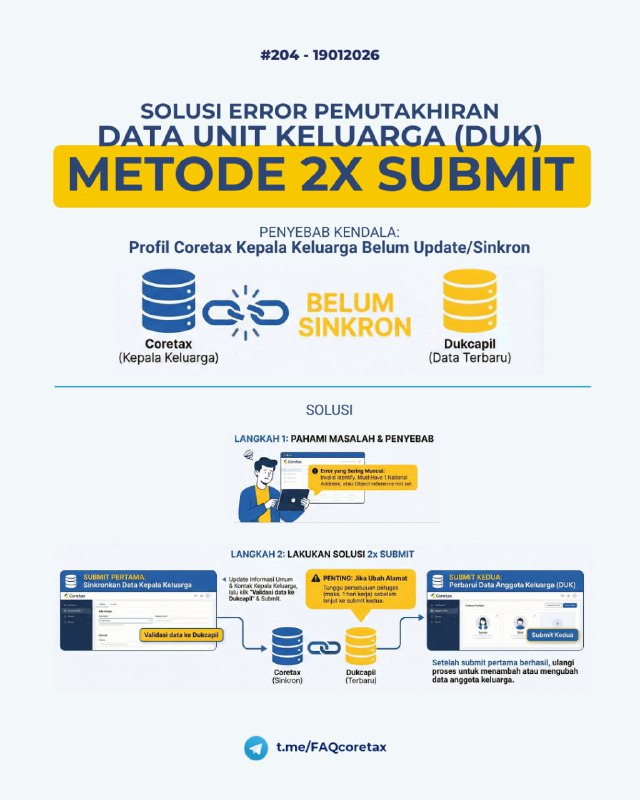 #Registrasi #DUK204. “Saya mengalami error saat update data informasi umum Coretax Kepala Keluarga (suami), terutama saat menambahkan DUK di Coretax, seperti ‘Invalid Identity’ atau ‘Must Have 1 National Address’, atau error lain. Apa penyebabnya dan bagaimana langkah yang benar agar pembaruan DUK dapat berhasil tanpa error?”⚠️ Jenis error yang sering muncul saat update data Data Unit Keluarga (DUK) di profil Coretax Kepala Keluarga: