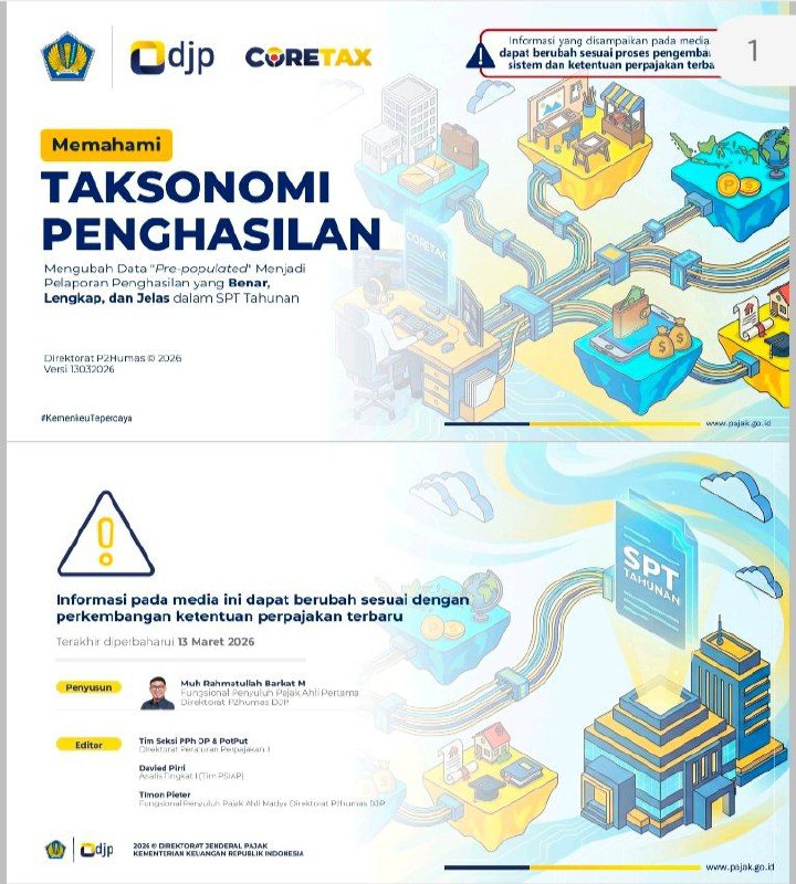 Merasa lega karena lapor SPT di Coretax? Lega karena isi SPT-nya sudah lengkap?Tidak? Ga yakin?Coba deh baca dan pahami TAKSONOMI PENGHASILAN: Mengubah Data Pre-populated Menjadi Pelaporan Penghasilan di SPT Tahunan yang Benar, Lengkap, dan Jelas.Sudah rilis resmi per hari ini, di website pajak.go.id/lapor-tahunanJuga bisa diunduh di channel FAQcoretax ini. Versi 13032026.Paparan ini saya buat tujuannya sederhana: saya ga ingin liat lagi komen orang kaget dan bingung lapor SPT—baik karena gagal paham basic knowledge hak dan kewajiban pajak, atau karena gagal paham tata caranya yang bisa berujung perkara di kemudian hari.Lewat panduan 