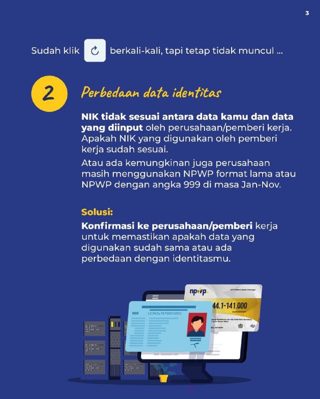 #KawanPajak Dengan Coretax, data yang dilaporkan perusahaan, langsung muncul di akunmu. Kalau nggak muncul, berarti ada beberapa hal yang bisa kamu lakukan. Cek sinkronisasi data dan NIK-mu. Konfirmasi juga ke pemberi kerja. Tapi ingat, kalau ternyata ada indikasi perusahaan potong gaji tapi tidak setor pajak, jangan takut untuk lapor! Untuk konfirmasi dan informasi lebih lanjut, silakan hubungi Kring Pajak 1500200, @kringpajak1500200, dan Helpdesk Kantor Pajak terdekat.Source IG ditjenpajakri--t.me/FAQcoretax#KawanPajak Dengan Coretax, data yang dilaporkan perusahaan, langsung muncul di akunmu. Kalau nggak muncul, berarti ada beberapa hal yang bisa kamu lakukan. Cek sinkronisasi data dan NIK-mu. Konfirmasi juga ke pemberi kerja. Tapi ingat, kalau ternyata ada indikasi perusahaan potong gaji tapi tidak setor pajak, jangan takut untuk lapor! Untuk konfirmasi dan informasi lebih lanjut, silakan hubungi Kring Pajak 1500200, @kringpajak1500200, dan Helpdesk Kantor Pajak terdekat.Source IG ditjenpajakri--t.me/FAQcoretax