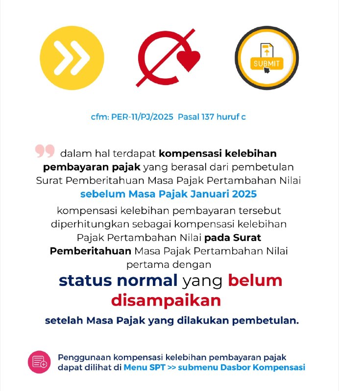 #updateinfo #PPN #kompensasiDapat kami #reminder dan informasikan, karena banyak yang masih bertanya terkait kompensasi Lebih Bayar atas pembetulan SPT PPN masa pajak sebelum masa pajak Januari 2025, bahwa sesuai pasal 137 huruf c PER-11/PJ/2025:dalam hal terdapat kompensasi kelebihan pembayaran pajak yang berasal dari pembetulan Surat Pemberitahuan Masa Pajak Pertambahan Nilai sebelum Masa Pajak Januari 2025, kompensasi kelebihan pembayaran tersebut diperhitungkan sebagai kompensasi kelebihan Pajak Pertambahan Nilai pada Surat Pemberitahuan Masa Pajak Pertambahan Nilai pertama dengan status normal yang belum disampaikan setelah Masa Pajak yang dilakukan pembetulan.Maka, sebagai contoh apabila SPT PPN Pembetulan masa pajak Desember 2023 dengan status LB yang dikompensasi baru disampaikan tanggal 21 Agustus 2026 dan wajib pajak sudah menyampaikan SPT PPN masa pajak sampai periode Juni 2026, maka LB kompensasi akan masuk atau diperhitungkan sebagai kompensasi pada SPT PPN masa pajak Juli 2026 normal yang batas waktu pembayaran dan pelaporannya pada 31 Agustus 2026.📝Silakan cek dasbor kompensasi pada menu SPT di Coretax mengenai informasi asal dan penggunaan LB kompensasi.Semoga membantu.. 🌳