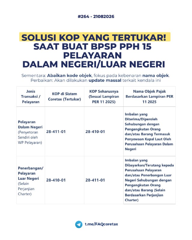 #InfoPenting #PPh15 #KodeObjekPajak #Coretax264. 📢 ISU TERTUKARNYA KOP PPh 15 IMBALAN JASA PELAYARAN DI CORETAXPERTANYAAN:Kode Objek Pajak (KOP) Bupot Setor Sendiri (BPSP) atas Jasa Pelayaran Dalam Negeri bukannya 28-410-01 ya? Mengapa saat memilih nama objeknya, yang muncul malah KOP untuk yang pelayaran luar negeri ya ?📌 Deskripsi KendalaTerdapat ketidaksesuaian antara Nama Objek Pajak dan Kode Objek Pajak (KOP) pada pembuatan Bukti Potong Penyetoran Sendiri PPh 15. Meskipun tarifnya sesuai, namun KOP untuk Pelayaran Dalam Negeri dan Luar Negeri saling tertukar di sistem, dan ini berdampak pada pengerjaan masa pajak Juli dan Agustus.📊 Rincian KOP yang Tertukar:1️⃣ Pelayaran Dalam Negeri (Penyetoran Sendiri)• Nama Objek Pajak: Imbalan yang Diterima/Diperoleh Sehubungan dengan Pengangkutan Orang dan/atau Barang Termasuk Penyewaan Kapal Laut Oleh Perusahaan Pelayaran Dalam Negeri• KOP di Coretax: 28-411-01 (Tertukar)• KOP Seharusnya (PER-11/2025): 28-410-012️⃣ Pelayaran Luar Negeri (Selain Perjanjian Charter)• Nama Objek Pajak: Imbalan yang Dibayarkan/Terutang kepada Perusahaan Pelayaran dan/atau Penerbangan Luar Negeri Sehubungan dengan Pengangkutan Orang dan/atau Barang (Selain Berdasarkan Perjanjian Charter)• KOP di Coretax: 28-410-01 (Tertukar)• KOP Seharusnya (PER-11/2025): 28-411-01💡 Solusi Sementara:• Wajib Pajak tetap dapat membuat BPSP dengan fokus pada Nama Objek Pajak dan Tarifnya saja.• Untuk sementara waktu, abaikan angka KOP yang tertera di sistem.• 👉 Contoh: Jika ingin menyetor Sendiri PPh Pasal 15 Pelayaran Dalam Negeri, silakan pilih opsi dengan Nama Objek Pajak 