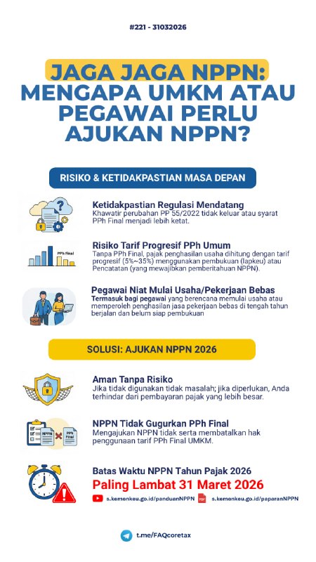 #ReminderSekali lagi ditegaskan, pemberitahuan NPPN tidak menggugurkan penggunaan tarif PPh Final UMKM.📖 Selengkapnya bisa baca di sini: 👉 