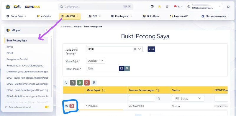 #reminder #buktipotongsaya #ebupotUntuk cek bukti potong yang kita miliki sebagai wajib pajak yang dipotong/dipungut pihak lain, silakan akses menu eBupot -> submenu Bukti Potong Saya.Akan ada 2 aksi yang dapat dilakukan:⚪ Tombol Mata digunakan untuk melihat detail dokumen bukti potong🔴 Tombol Download PDF digunakan untuk mengunduh bukti potong Dalam format PDF--t.me/FAQcoretax