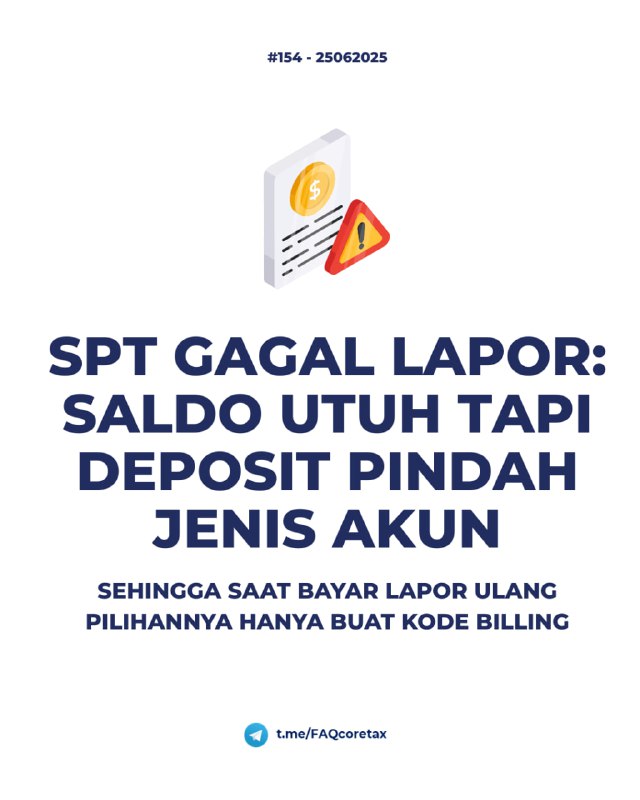 154. SPT Unifikasi bayar dan lapor dengan deposit namun masih di konsep. Saat cek buku besar, kredit tersisa masih utuh, namun ternyata nilai sisa deposit berkurang dan menjadi pemindahbukuan PPh 23 dan PPh Final, apa solusinya?#SPT #Pembayaran😢 Permasalahan:Pada saat bayar dan lapor SPT menggunakan deposit, nilai deposit sudah berkurang (karena otomatis pindahbukukan ke PPh 23, 21, Final, PPN dll), tetapi SPT gagal lapor masih di konsep dan kredit tersisa di Buku Besar masih utuh, hanya saja pemindahbukuan tersebut gagal rollback ke akun deposit.✅ Solusinya: Cek Bubes > Pbk Manual > Lapor Ulang📌 Langkah-Langkah:1️⃣ Cek Buku Besar