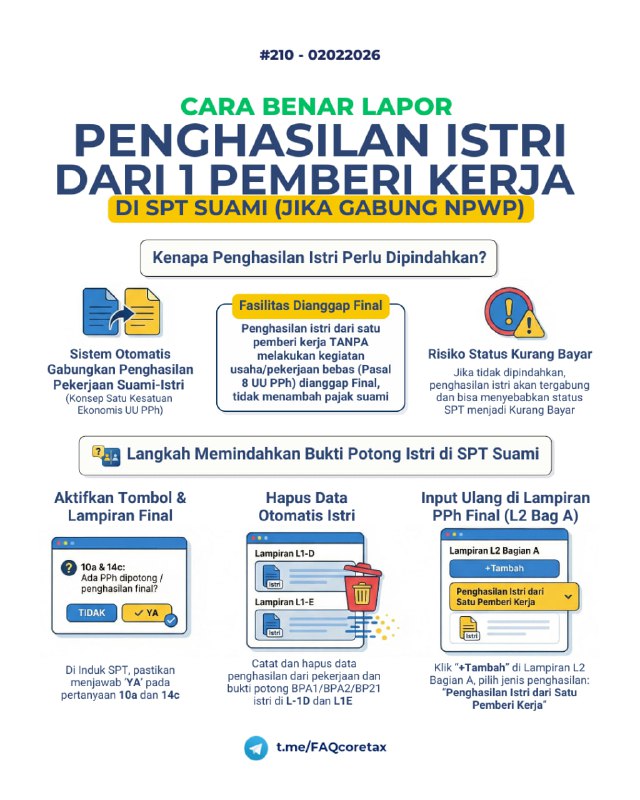 #NPWPGabung #SPTTahunanOP 210. Mengapa pada NPWP gabungan suami-istri, bukti potong (bupot) BPA1/BPA2 atas nama istri otomatis masuk ke Lampiran L1 bagian D dan E milik suami dan bikin kurang bayar? Katanya, kalau gabung tidak kurang bayar?Sesuai FAQ168 DATA ISTRI DI CORETAX SUAMI:Jika status unit perpajakan istri 