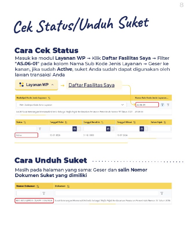 #SuketUMKM #Coretax #PPhFinal250. PENGAJUAN SUKET UMKM KINI BISA VIA CORETAXUnduh versi PDF disiniSekarang pengajuan Surat Keterangan (Suket) PPh Final UMKM makin mudah dan praktis. Anda sudah bisa mengajukannya secara online melalui portal Coretax (coretaxdjp.pajak.go.id).💡 APA FUNGSI PENTING SUKET INI?- Bukti Potong 0,5%: Diserahkan ke lawan transaksi sebagai dasar agar penghasilan Anda hanya dipotong PPh Final 0,5%.- Berfungsi sebagai SKB: Berlaku juga sebagai Surat Keterangan Bebas (SKB) pemungutan PPh Pasal 22 atas transaksi impor atau pembelian barang.⚠️ SUDAH PUNYA SUKET LAMA (PP 55/2022)?Bagi Kawan Pajak yang sebelumnya sudah memiliki Suket PP 55/2022 dan masih memenuhi kriteria, Suket Anda dinyatakan MASIH BERLAKU (berdasarkan ketentuan peralihan PP 20/2026). 👉 Artinya: Anda TIDAK PERLU repot melakukan pengajuan ulang.Yuk, simak informasi panduan teknis selengkapnya pada infografis ini.--t.me/FAQcoretax#SuketUMKM #Coretax #PPhFinal250. PENGAJUAN SUKET UMKM KINI BISA VIA CORETAXUnduh versi PDF disiniSekarang pengajuan Surat Keterangan (Suket) PPh Final UMKM makin mudah dan praktis. Anda sudah bisa mengajukannya secara online melalui portal Coretax (coretaxdjp.pajak.go.id).💡 APA FUNGSI PENTING SUKET INI?- Bukti Potong 0,5%: Diserahkan ke lawan transaksi sebagai dasar agar penghasilan Anda hanya dipotong PPh Final 0,5%.- Berfungsi sebagai SKB: Berlaku juga sebagai Surat Keterangan Bebas (SKB) pemungutan PPh Pasal 22 atas transaksi impor atau pembelian barang.⚠️ SUDAH PUNYA SUKET LAMA (PP 55/2022)?Bagi Kawan Pajak yang sebelumnya sudah memiliki Suket PP 55/2022 dan masih memenuhi kriteria, Suket Anda dinyatakan MASIH BERLAKU (berdasarkan ketentuan peralihan PP 20/2026). 👉 Artinya: Anda TIDAK PERLU repot melakukan pengajuan ulang.Yuk, simak informasi panduan teknis selengkapnya pada infografis ini.--t.me/FAQcoretax