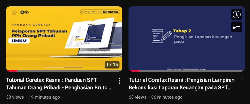 🆕 3 Video Tutorial Baru terkait Coretax baru saja diposting:1️⃣ Tutorial Coretax SPT Tahunan PPh Orang Pribadi - Untuk Pekerja Bebas