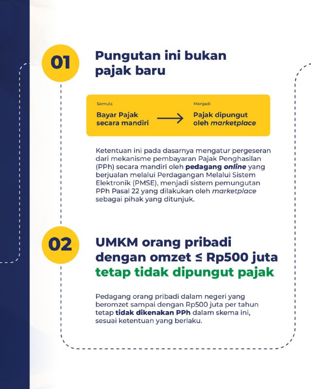 Bukan Pajak Baru, Hanya Cara Pemungutannya yang Berubah.Buat Kawan Pajak yang jualan online, yuk pahami poin penting dari PMK 37/2025 tentang pemungutan PPh Pasal 22 oleh marketplace:1️⃣ Bukan Pajak Baru!Sekarang, PPh yang dulu dibayar sendiri, kini bisa langsung dipotong/diambil oleh marketplace tempat kamu jualan.2️⃣ UMKM dengan Omzet ≤ Rp500 Juta Tetap Bebas PajakPedagang orang pribadi dengan omzet hingga Rp500 juta setahun, tetap TIDAK DIPUNGUT PPh Pasal 22.3️⃣ Lebih Mudah & PraktisPembayaran pajak makin mudah karena sudah terintegrasi di platform marketplace.4️⃣ Adil untuk Semua PedagangSistem ini menyetarakan perlakuan pajak antara pedagang online dan offline. Bukan beban pajak baru.5️⃣ Pengawasan Lebih Kuat, Shadow Economy TertutupAturan ini membantu DJP meningkatkan kepatuhan pajak dan menutup celah shadow economy, khususnya buat yang selama ini belum patuh.Kesimpulan:PMK 37/2025 TIDAK menambah jenis pajak baru, hanya mengubah cara pemungutannya supaya lebih sederhana, adil, dan mudah. Jangan khawatir, UMKM tetap aman dari pungutan pajak selama omzet di bawah Rp500 juta setahun.—t.me/FAQcoretaxBukan Pajak Baru, Hanya Cara Pemungutannya yang Berubah.Buat Kawan Pajak yang jualan online, yuk pahami poin penting dari PMK 37/2025 tentang pemungutan PPh Pasal 22 oleh marketplace:1️⃣ Bukan Pajak Baru!Sekarang, PPh yang dulu dibayar sendiri, kini bisa langsung dipotong/diambil oleh marketplace tempat kamu jualan.2️⃣ UMKM dengan Omzet ≤ Rp500 Juta Tetap Bebas PajakPedagang orang pribadi dengan omzet hingga Rp500 juta setahun, tetap TIDAK DIPUNGUT PPh Pasal 22.3️⃣ Lebih Mudah & PraktisPembayaran pajak makin mudah karena sudah terintegrasi di platform marketplace.4️⃣ Adil untuk Semua PedagangSistem ini menyetarakan perlakuan pajak antara pedagang online dan offline. Bukan beban pajak baru.5️⃣ Pengawasan Lebih Kuat, Shadow Economy TertutupAturan ini membantu DJP meningkatkan kepatuhan pajak dan menutup celah shadow economy, khususnya buat yang selama ini belum patuh.Kesimpulan:PMK 37/2025 TIDAK menambah jenis pajak baru, hanya mengubah cara pemungutannya supaya lebih sederhana, adil, dan mudah. Jangan khawatir, UMKM tetap aman dari pungutan pajak selama omzet di bawah Rp500 juta setahun.—t.me/FAQcoretax