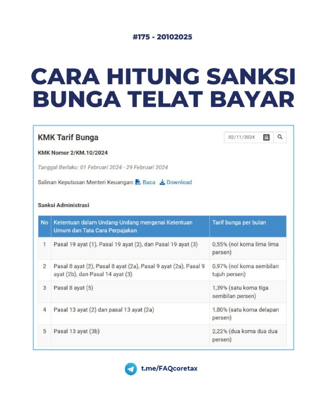 #Pembayaran175. Bagaimana jika saya bayar PPh untuk masa pajak Januari 2024 tapi baru bayar sekarang di Oktober 2025? Dikenakan sanksi berapa ya?Pembayaran PPh Masa yang terlambat dikenakan sanksi bunga, dan bisa juga denda telat lapor: jika pembayaran tersebut dianggap pelaporan, seperti PPh final UMKM, Angsuran PPh pasal 25, Pembayaran PPh Final Dividen DN oleh Orang Pribadi, PPh Final Pengalihan Tanah Bangunan (yang telah divalidasi) dll❗️ Jenis Sanksi: