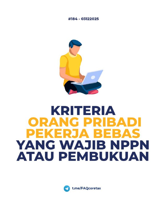 184. Apa saja yang masuk dalam daftar orang pribadi pekerja bebas yang perlu memberitahukan NPPN (Norma Penghitungan Penghasilan Neto) untuk keperluan pelaporan SPT Tahun Orang Pribadi?Pekerja bebas adalah orang pribadi yang memperoleh penghasilan dari jasa keahlian, tidak terikat hubungan kerja, dan menghitung pajaknya pakai tarif progresif Pasal 17 UU PPh (bukan UMKM 0,5%).Berikut Pekerjaan Bebas yang dimaksud ⬇️