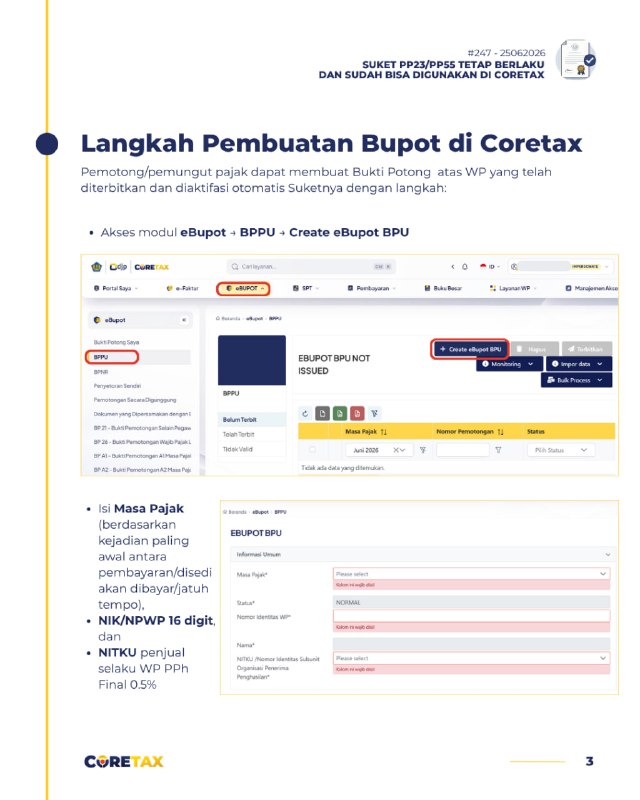 Part 3 FAQ 2473. PANDUAN BIKIN EBUPOT BAGI LAWAN TRANSAKSIPemotong/pemungut pajak dapat membuat Bukti Potong  atas WP yang telah diterbitkan dan diaktifasi otomatis Suketnya dengan langkah:  * eBupot → BPPU → Create eBupot BPU* Isi Masa Pajak (berdasarkan kejadian paling awal antara pembayaran/disediakan dibayar/jatuh tempo), NIK/NPWP 16 digit, dan NITKU penjual.Selanjutnya, isi rincian Bupot berdasarkan kriteria omzet penerima penghasilan:— Skenario A: WP OP dengan Omzet Berjalan ≤ Rp500 Juta* Fasilitas Pajak: Pilih 