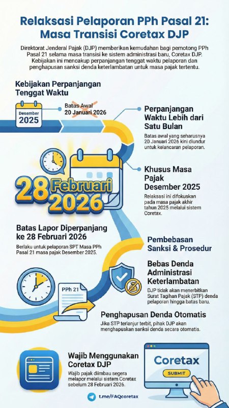 #BebasSanksi #eBupot21Halo Bapak/Ibu Wajib Pajak (khususnya Pemotong PPh Pasal 21) 👋Sehubungan dengan masa transisi penerapan sistem administrasi pajak yang baru, yaitu Coretax DJP, Direktorat Jenderal Pajak memberikan kemudahan agar proses pelaporan tetap berjalan lancar tanpa memberatkan.Berikut rangkuman kebijakan yang perlu diketahui:📅 Perpanjangan Batas Waktu LaporBatas akhir pelaporan SPT Masa PPh Pasal 21 Masa Pajak Desember 2025 yang semula jatuh tempo 20 Januari 2026, diperpanjang hingga 28 Februari 2026.💸 Bebas Denda KeterlambatanApabila pelaporan dilakukan setelah 20 Januari 2026 namun sebelum 28 Februari 2026:• Tidak dikenakan sanksi administrasi• DJP tidak menerbitkan STP denda• Jika STP sudah terlanjur terbit, sanksi akan dihapus otomatis🖥 Segera Lapor Melalui CoretaxWP diimbau tetap segera menyampaikan SPT Masa PPh Pasal 21 Masa Desember 2025 melalui Coretax DJP sebelum batas waktu perpanjangan berakhir.📌 KesimpulanTersedia tambahan waktu hingga 28 Februari 2026 untuk melaporkan PPh Pasal 21 Masa Desember 2025 melalui Coretax tanpa dikenakan denda.Manfaatkan relaksasi ini sebaik-baiknya 🙏—t.me/FAQcoretax